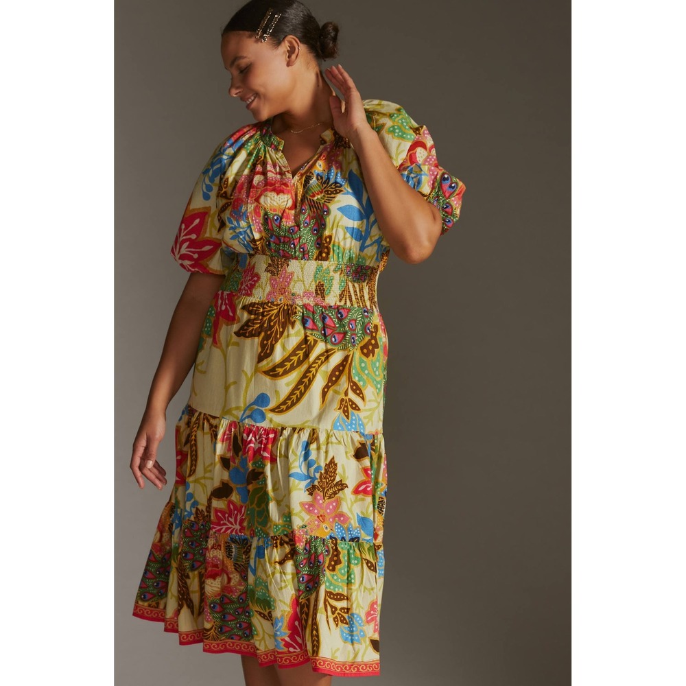 Anthropologie Conditions Apply Colorful Tiered Cotton Dress Size 16 Puff Sleeve